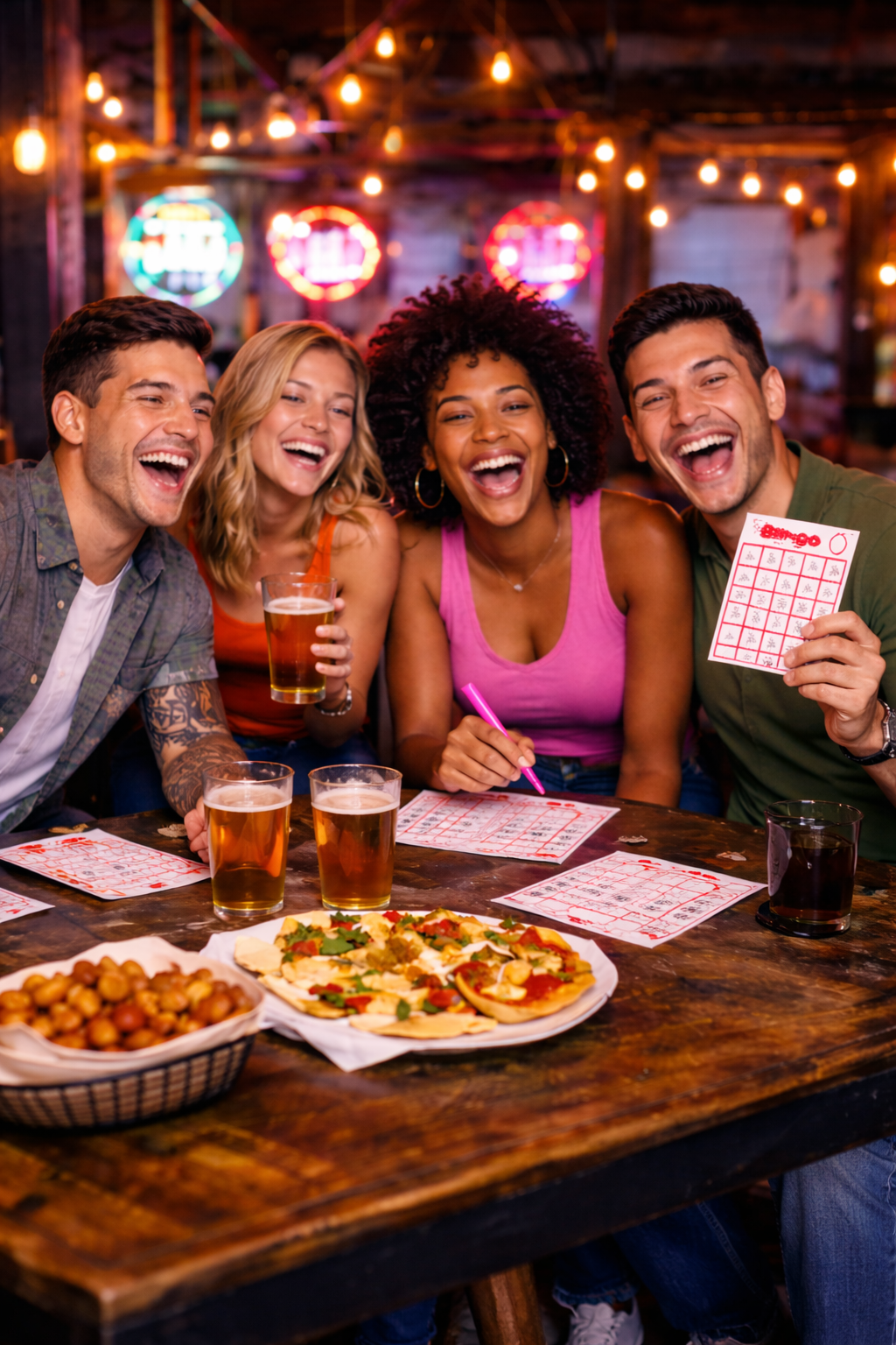 Friends enjoying bingo, drinks and food at a venue